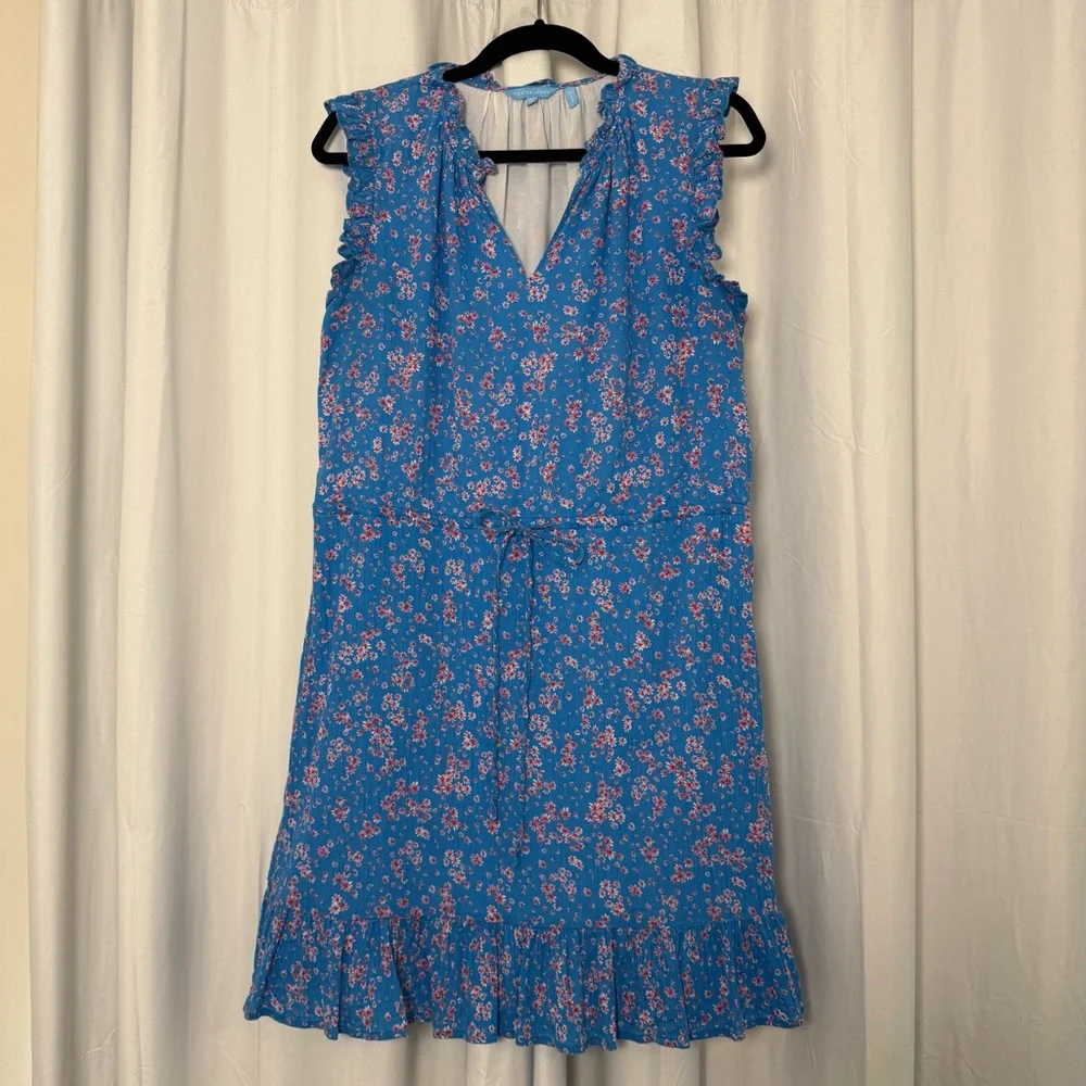 Draper James Lucinda Floral Dress Blue Pink Cotton Ruffle Hem V Neck Women’s L - Picture 4 of 13